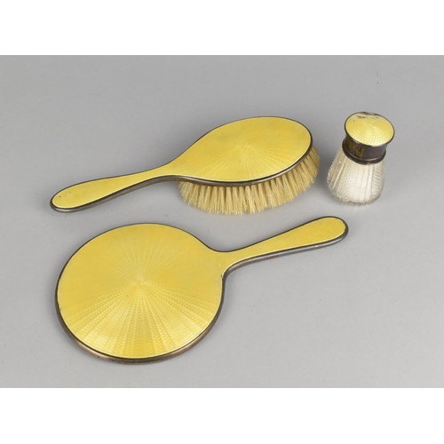 442 - An Art Deco Three Piece Silver and Yellow Enamel Dressing Table Items to Comprise Brush, Mirror and ... 