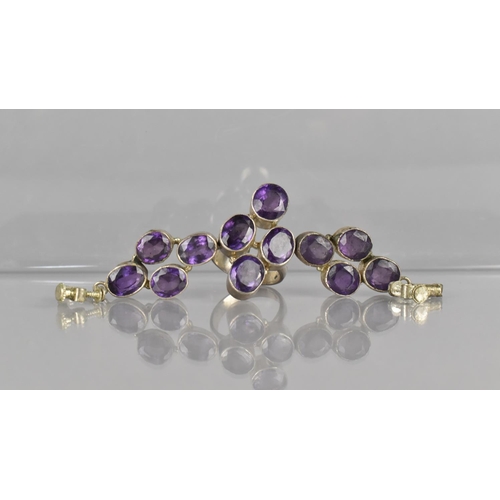 464 - A Suite of Silver and Purple Stone Mounted Jewellery to include Ring and Pair of Screw Back Earrings... 