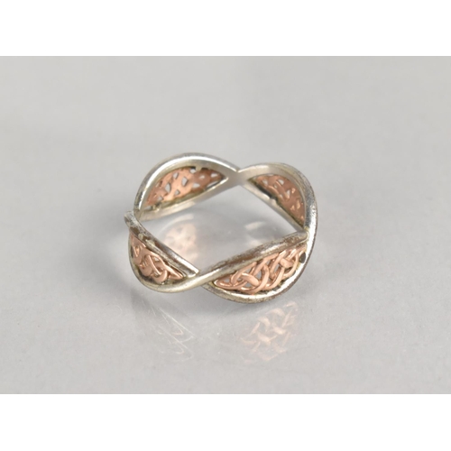 468 - A Silver and Gold Clogau Ring, Lozenge Panels with Celtic Knot Design, 3.1gms, Size T