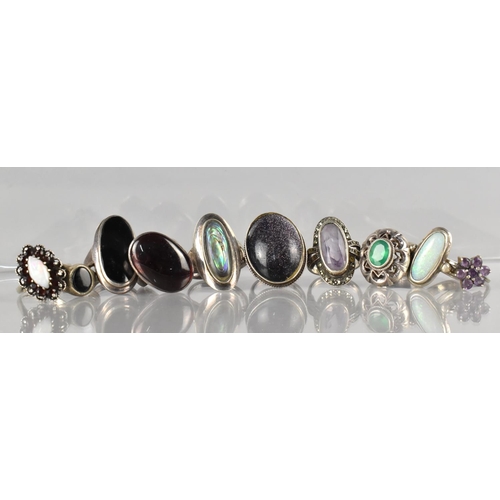 477 - A Collection of Ten Silver Jewelled Rings to include Onyx, Amethyst, Garnet Etc