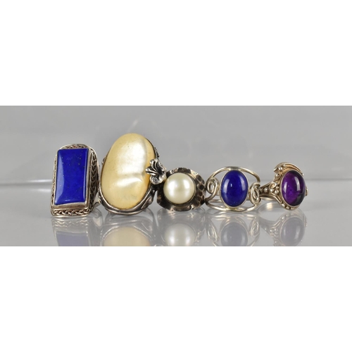 478 - Five Jewelled Silver Rings to comprise Lapis , Pearl, Mother of Pearl and Amethyst Examples,