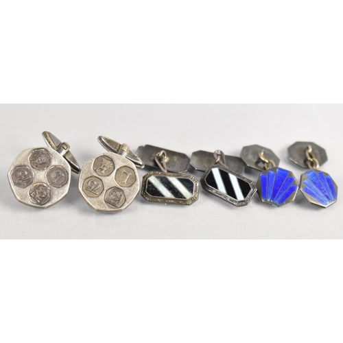 481 - A Collection of Three Pairs of Silver Cufflinks to include Art Deco Engine Turned Blue Enamel Exampl... 