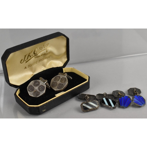 481 - A Collection of Three Pairs of Silver Cufflinks to include Art Deco Engine Turned Blue Enamel Exampl... 