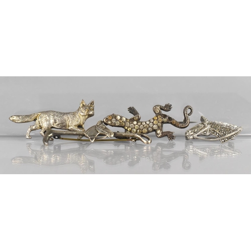 484 - Four Silver and White Metal Brooches to include 19th Century Jewelled Lizard, Unmarked, A Silver Fox... 