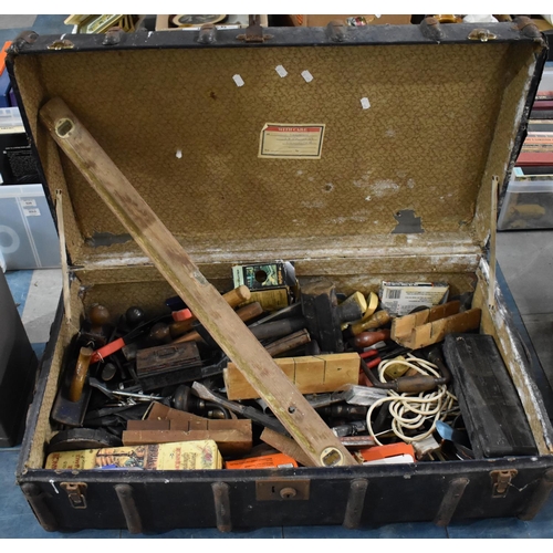 488 - A Vintage Wooden Banded Trunk Containing Various Tools etc