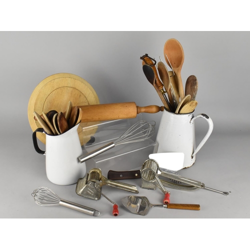 505 - A Collection of Various Vintage and Later Kitchenwares to Comprise Enamelled Jugs, Wooden Spoons, Ro... 