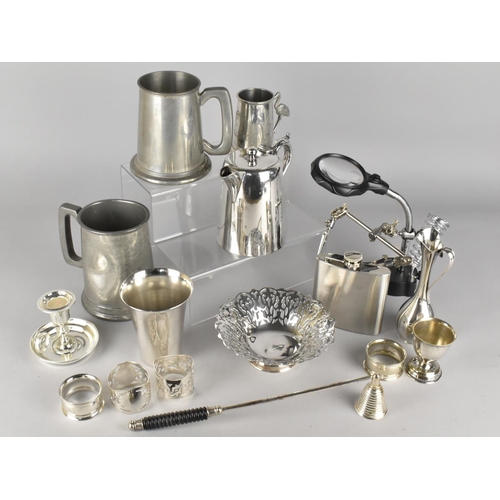 506 - A Collection of Various Metalwares to Comprise Silver Plated Vase, Coffee Pot, Napkin Rings etc