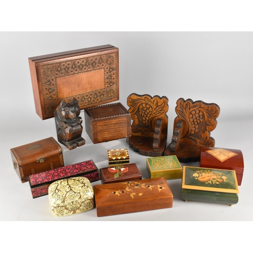 515 - A Collection of Various Treen to Comprise Carved Bookends, Boxes, Italian Musical Box etc