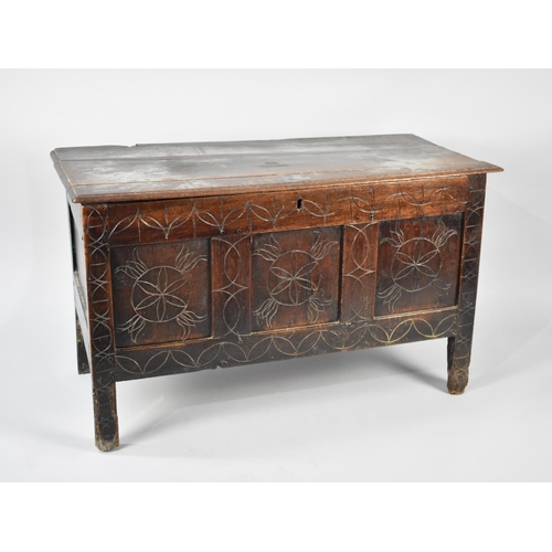 544 - A 19th Century Oak Coffer Chest with Lift Top and Three Panel Front, Later Carved Decoration, 105cms... 