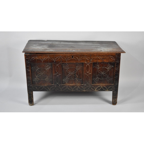 544 - A 19th Century Oak Coffer Chest with Lift Top and Three Panel Front, Later Carved Decoration, 105cms... 