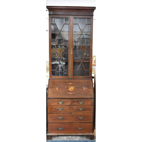 552 - An Edwardian Inlaid Mahogany Bureau Bookcase, Fall Front Inlaid with Musical Motif to Fitted Interio... 