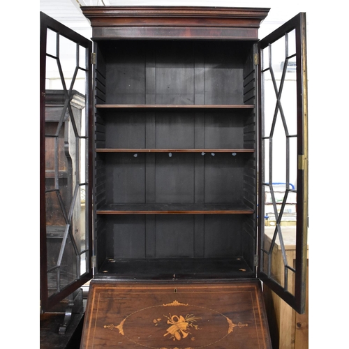 552 - An Edwardian Inlaid Mahogany Bureau Bookcase, Fall Front Inlaid with Musical Motif to Fitted Interio... 