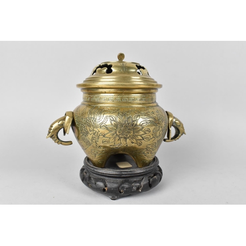 58 - A Chinese Bronze Globular Lidded Censer with Elephant Head Handles and Engraved Body on Unrelated Pi... 