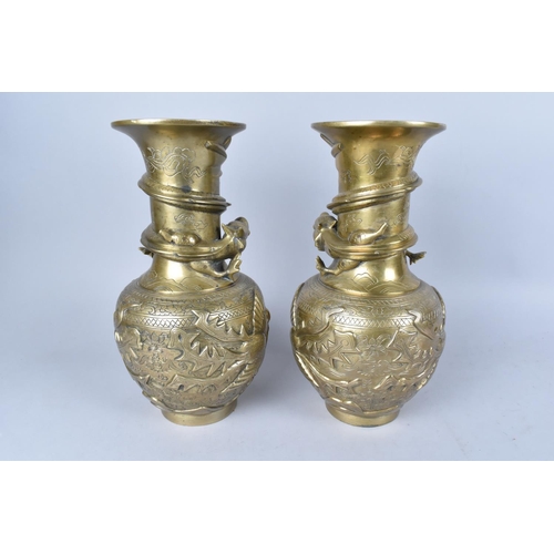 70 - A Pair of Chinese Bronze Dragon Vases with relief Decoration to Body and Entwined Dragons to Neck, S... 