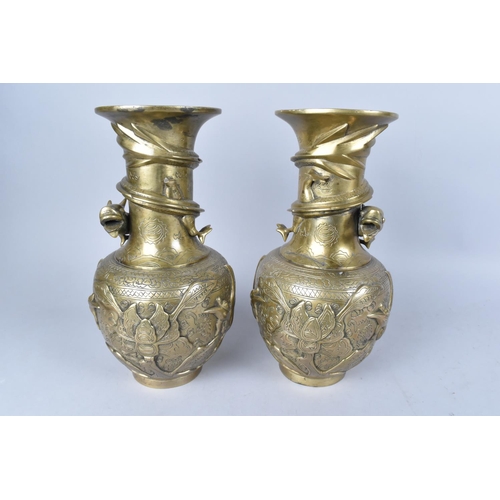 70 - A Pair of Chinese Bronze Dragon Vases with relief Decoration to Body and Entwined Dragons to Neck, S... 