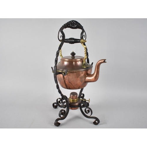 78 - An Arts and Crafts Copper and Brass Handled Spirit Kettle on Wrought Iron Stand by Henry Loveridge &... 