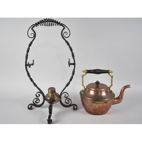 78 - An Arts and Crafts Copper and Brass Handled Spirit Kettle on Wrought Iron Stand by Henry Loveridge &... 