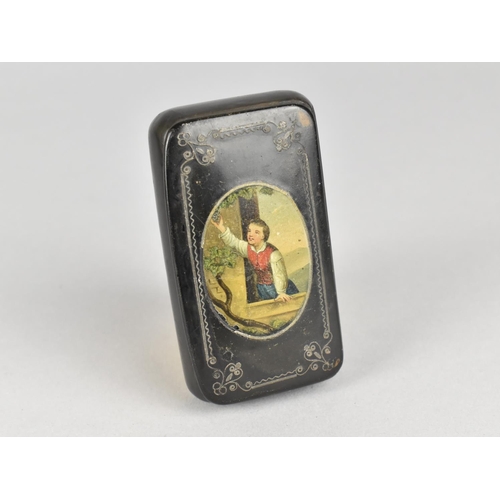 83 - A 19th century Continental Papier Mache Snuff Box, Hinged Lid with Wired Inlay and Print Depicting Y... 