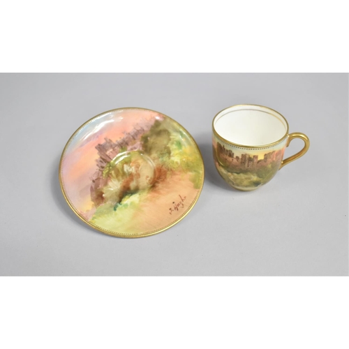 27 - A Miniature Royal Doulton Cabinet Cup and Saucer, Cup Hand Painted with Ludlow Castle and Saucer wit... 