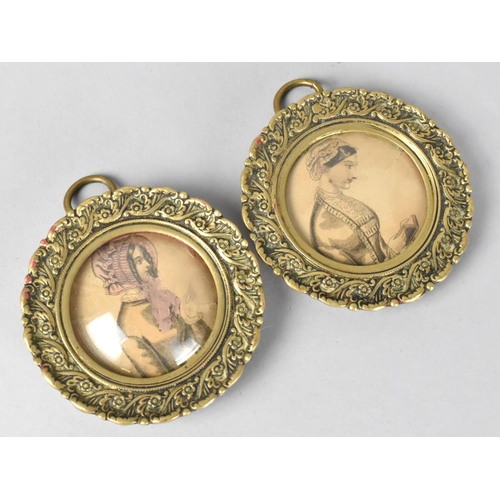 102 - A Pair of Circular Brass Framed Monochrome Miniature Prints of Maidens, 8cm Diameter