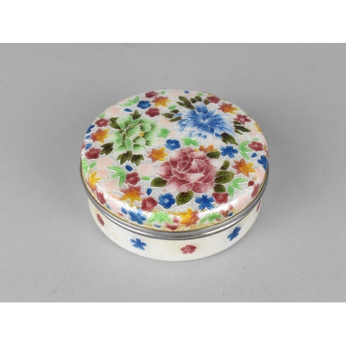 106 - An Intricately Enamelled Japanese Circular White Metal Box with Velvet Lined Interior, 9cm Diameter