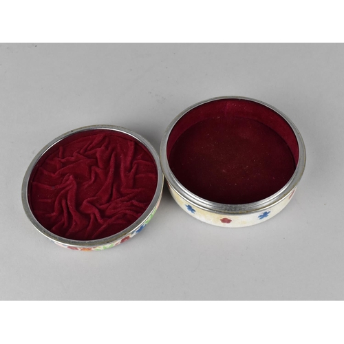 106 - An Intricately Enamelled Japanese Circular White Metal Box with Velvet Lined Interior, 9cm Diameter