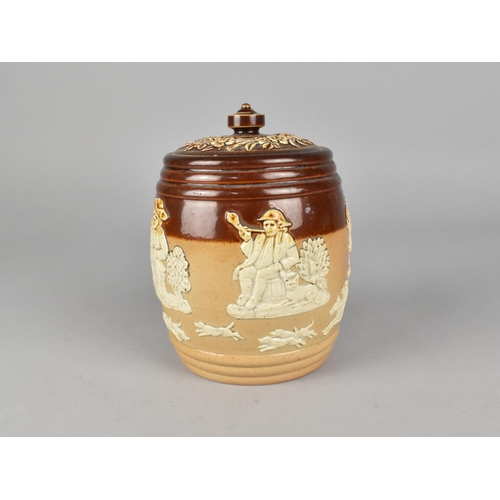 108 - A Doulton of Lambeth Lidded Tobacco Pot with Relief Decoration Body , 13.5cm High