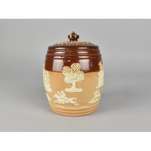 108 - A Doulton of Lambeth Lidded Tobacco Pot with Relief Decoration Body , 13.5cm High