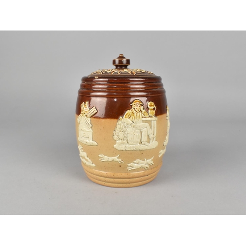 108 - A Doulton of Lambeth Lidded Tobacco Pot with Relief Decoration Body , 13.5cm High