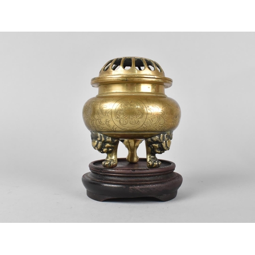 122 - A Chinese Polished Bronze Censer with Engraved Decoration to Body , Pierced Lid but Missing Finial, ... 