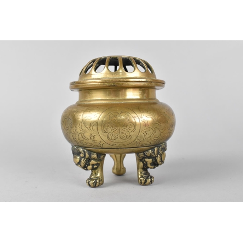 122 - A Chinese Polished Bronze Censer with Engraved Decoration to Body , Pierced Lid but Missing Finial, ... 