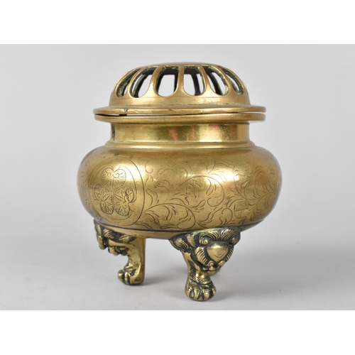 122 - A Chinese Polished Bronze Censer with Engraved Decoration to Body , Pierced Lid but Missing Finial, ... 