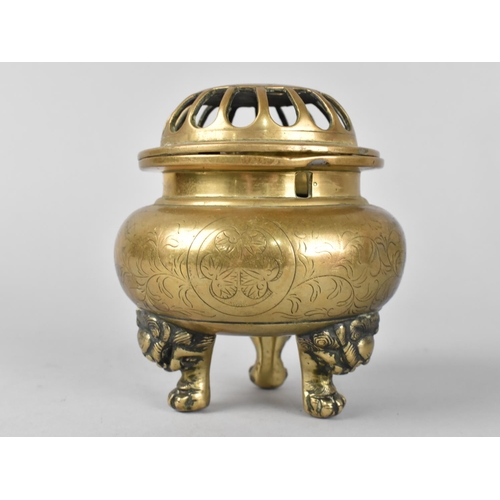 122 - A Chinese Polished Bronze Censer with Engraved Decoration to Body , Pierced Lid but Missing Finial, ... 