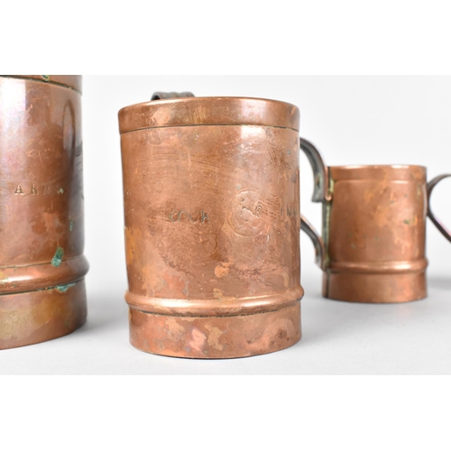 124 - A Set of Four Graduated Copper Measures , One for Mason's Arms and Three for The Cock Inn