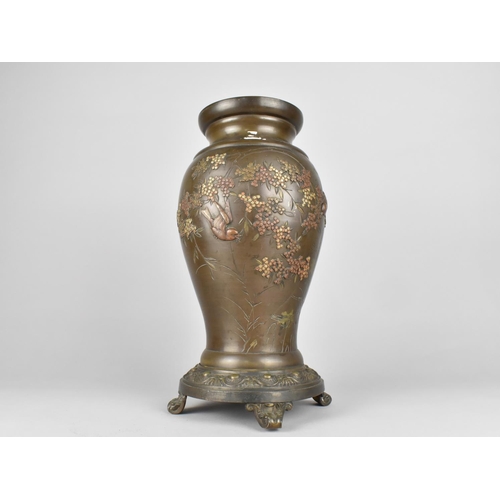 125 - A Japanese Mixed Metal Meiji Period Bronze Vase Decorated in Relief with Birds , Insects and Flowers... 