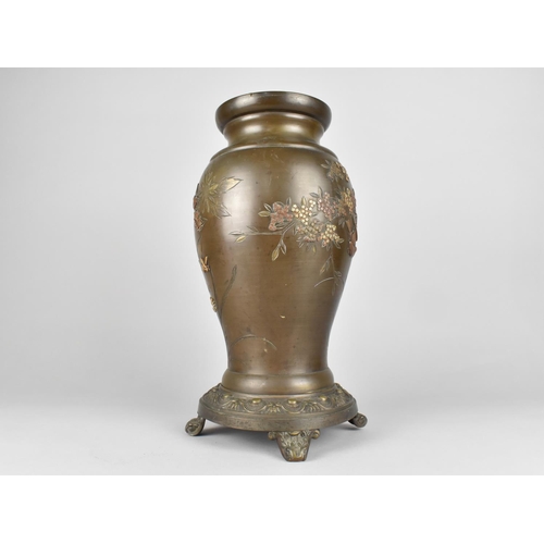 125 - A Japanese Mixed Metal Meiji Period Bronze Vase Decorated in Relief with Birds , Insects and Flowers... 