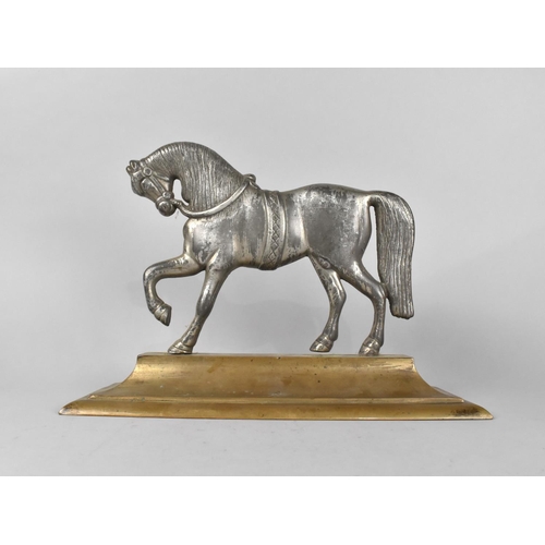 130 - A Late 19th Century Door Stop in the Form of Stallion, In Steel with Brass Plinth Base, 31cm Wide