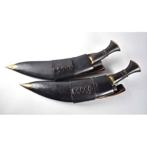 147 - A Pair of Horn Handled Kukri Knives in Leather Scabbards, Made in 1968