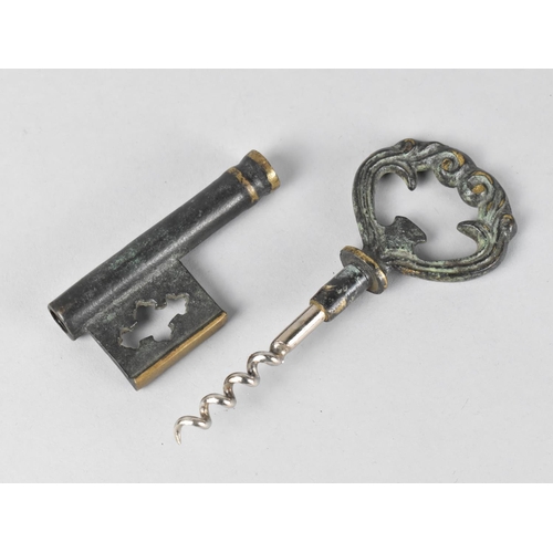 15 - A Novelty Green Patinated Bronze Corkscrew in the Form of a Key, 13.5cm Long