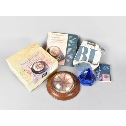 165 - A Boxed Reproduction Chart Magnifier Crystal Paperweight with Circular Wooden Stand Together with a ... 