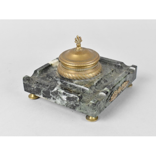 26 - A French Ormolu and Marble Desktop Pen Rest and Inkwell, 11cm Square