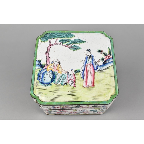 36 - A Chinese Late Qing Square Enamelled Box, The Lid Decorated with Figures in Garden, the Body with Fl... 