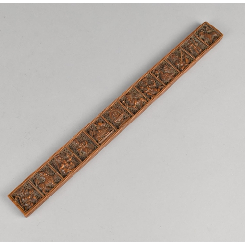 4 - An Intricately Carved Indian Wooden Panel or Ruler, the One Side Decorated with Twelve Carved Depict... 