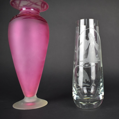 411 - An Adrian Sankey Art Glass Frosted Pink Glass Vase Together with an Etched 'Rapunzel' Studio Glass V... 