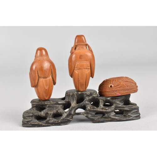 449 - Two Chinese Late Qing Carved Hediao Nut in the Form of Chinese Gods on Carved Stand, Together with a... 