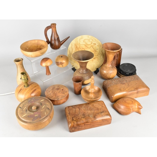 520 - A Collection of Various Treen to Comprise American Cherry Cat Signed JM, Burr Wood Box, Elm Ring Tre... 