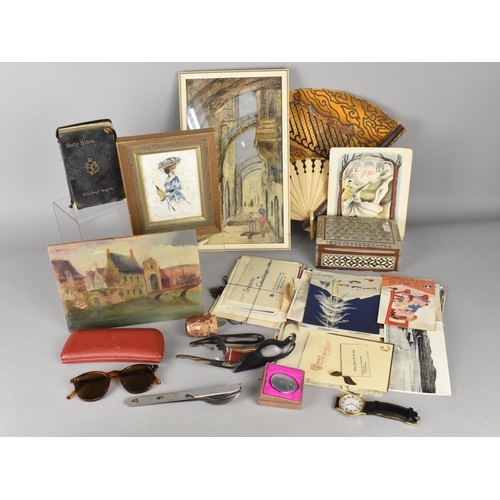 521 - A Collection of Various Vintage Sundries to Comprise Small Oil on Board Depicting River Village Scen... 