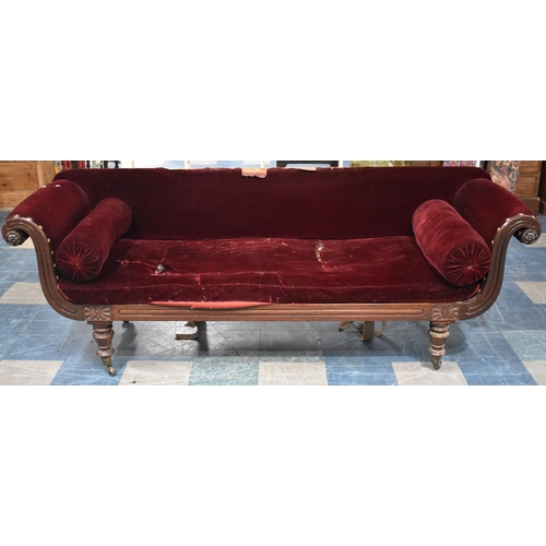 552 - A Late Victorian Mahogany Framed Scroll Arm Settee, For Reupholstery, 215cm wide