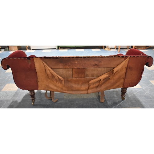 552 - A Late Victorian Mahogany Framed Scroll Arm Settee, For Reupholstery, 215cm wide