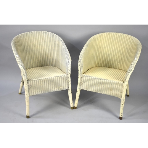 555 - A Pair of Lloyd Loom Tub Armchairs, Painted Cream